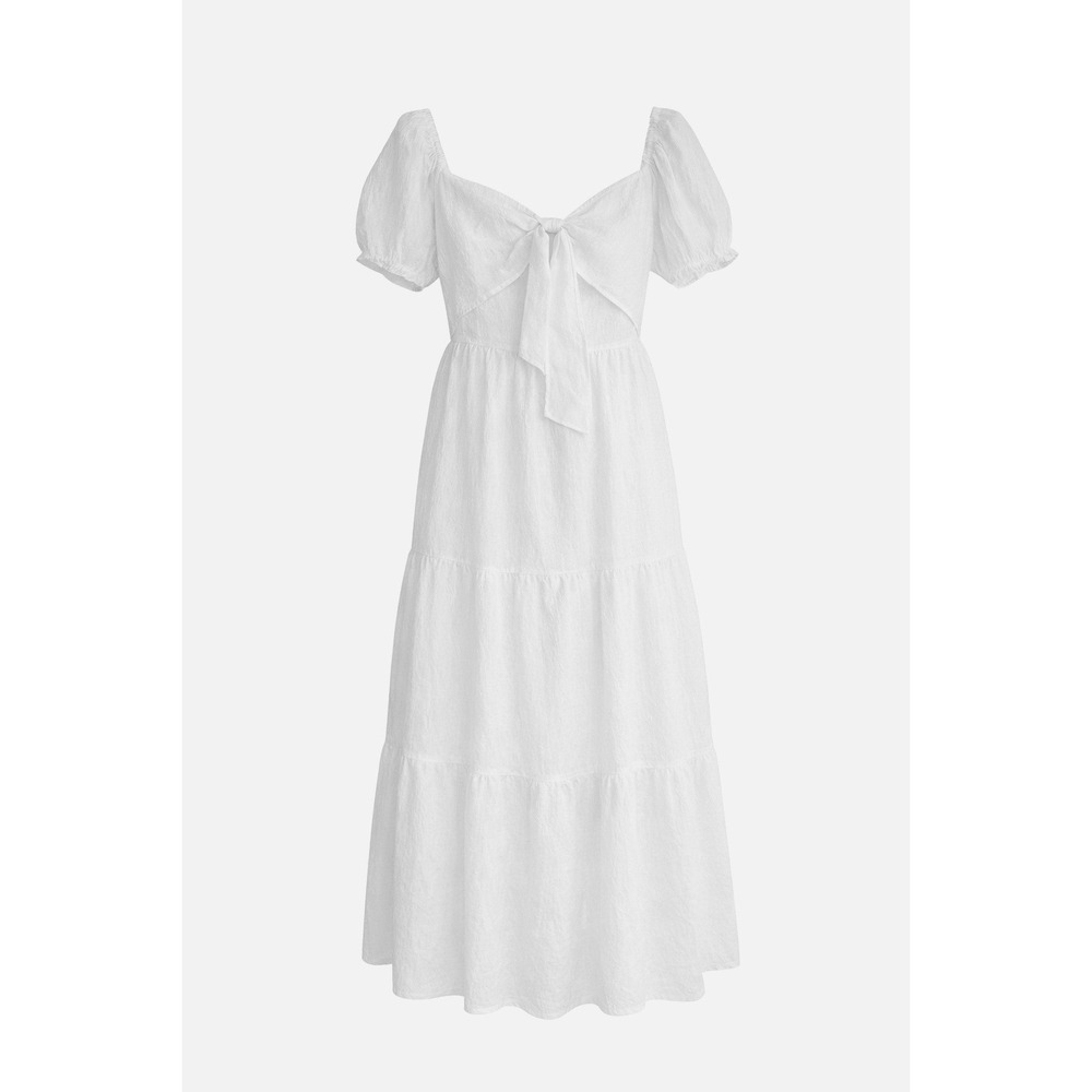 Jessica Simpson Tiered Midi Dress Womens M White Puff Sleeve Cutout Tie EUC - Picture 6 of 8